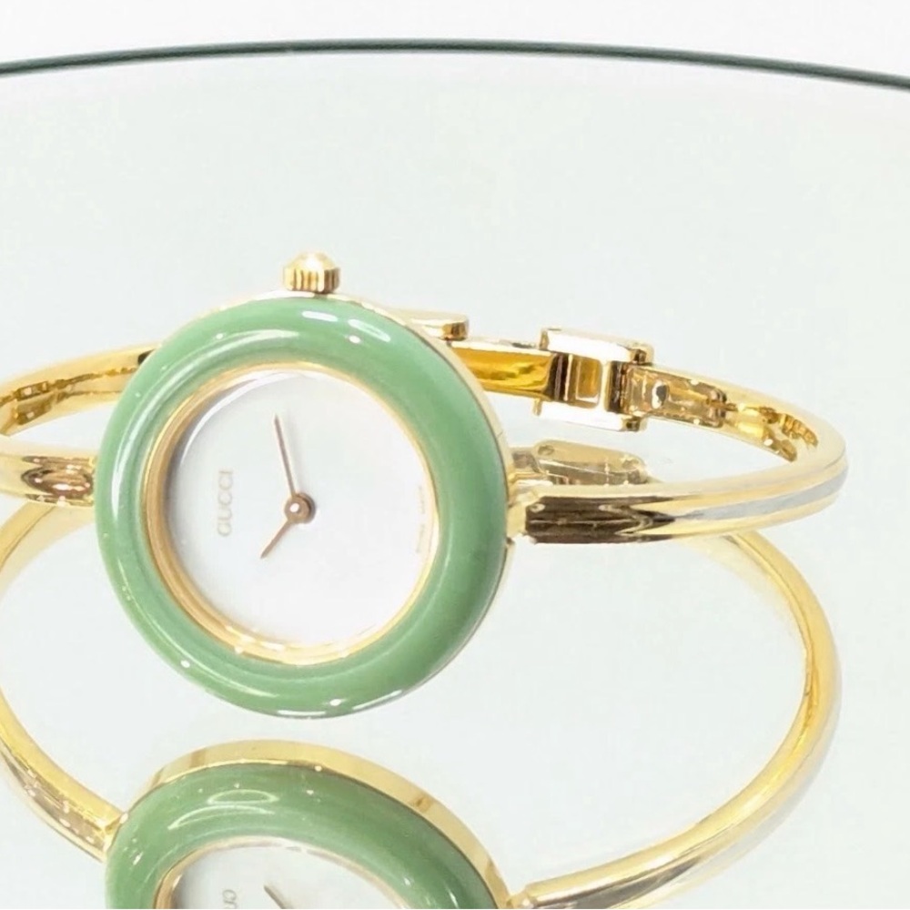 Gucci Gold-Tone Bracelet Watch with Mint Green Bezel